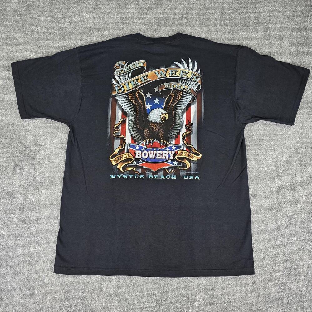 Vintage Bowery Bike Week Shirt Mens XL Black Graphic Tee 2004 Eagle Myrtle Beach